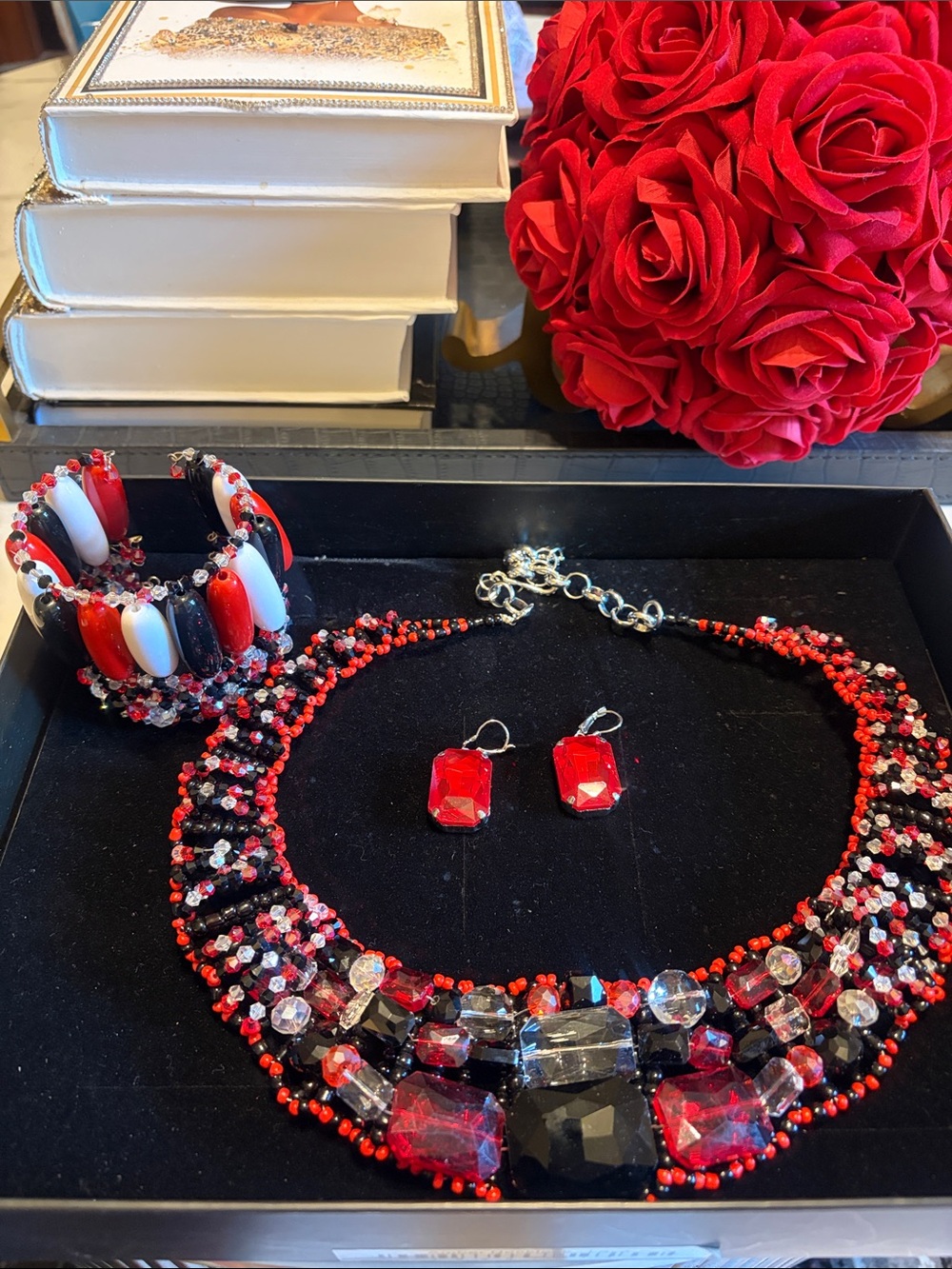 Sassy Jones Red and Black Amber Crystal Statement Necklace & Earring Set
